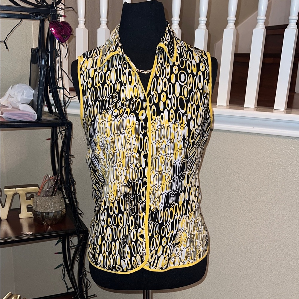 Unique Spectrum Women's Button Down Shirt - Yellow, Black, White Pattern